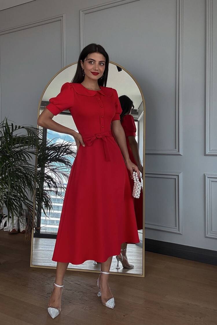 Baby Collar Belted Midi Dress