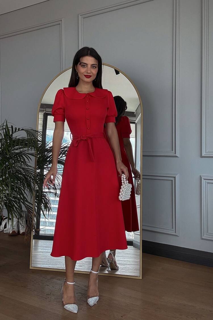 Baby Collar Belted Midi Dress