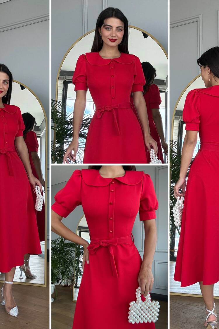 Baby Collar Belted Midi Dress