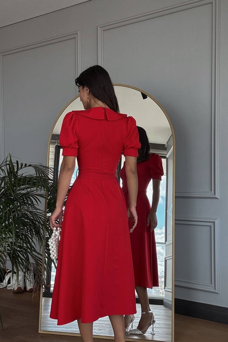 Baby Collar Belted Midi Dress