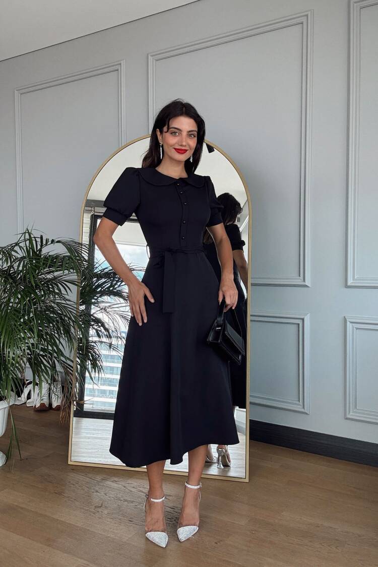 Baby Collar Belted Midi Dress
