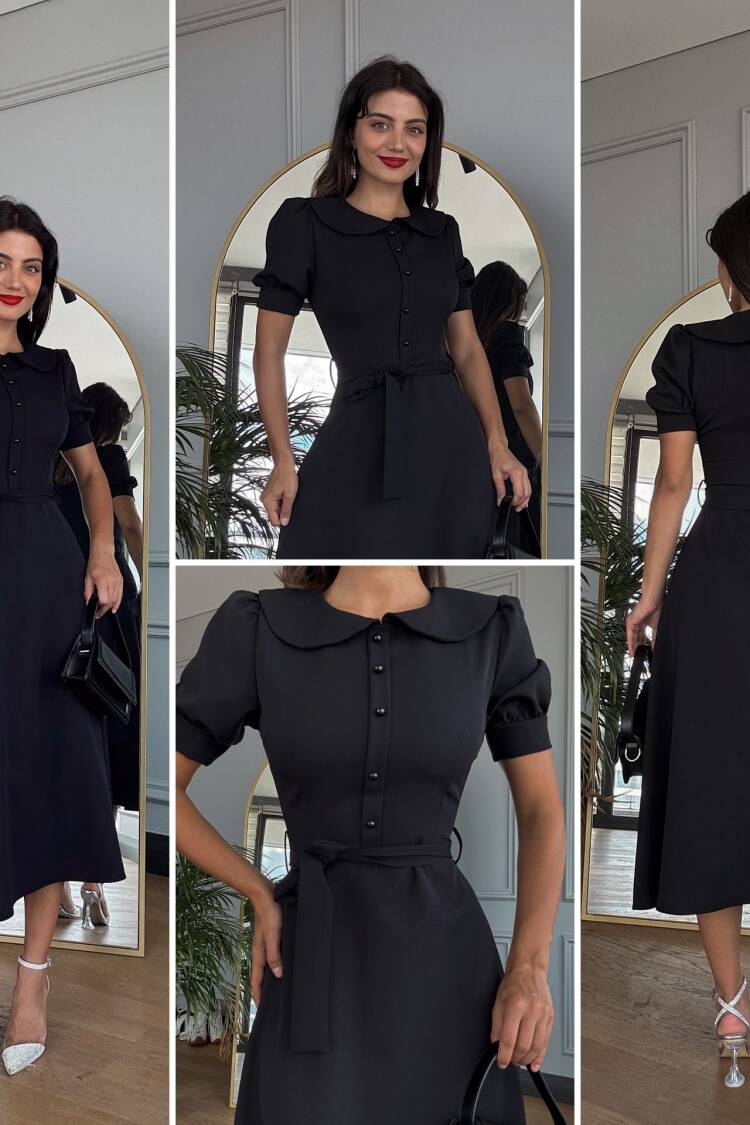 Baby Collar Belted Midi Dress