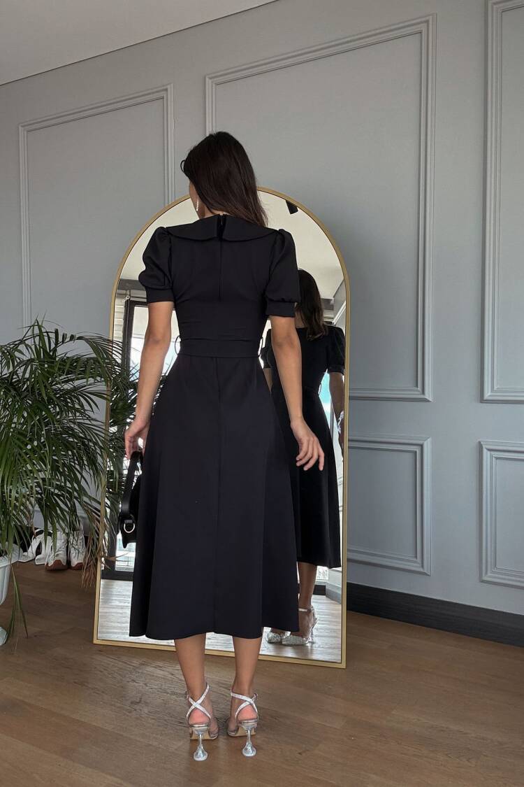 Baby Collar Belted Midi Dress