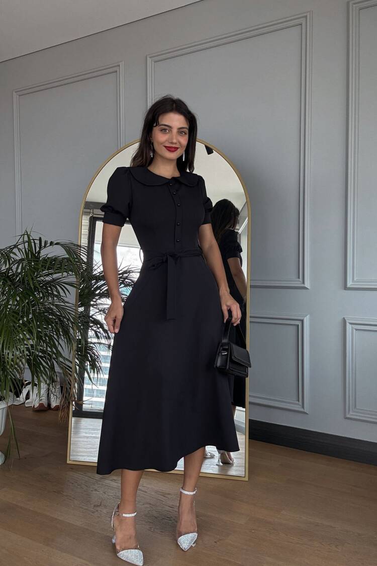 Baby Collar Belted Midi Dress