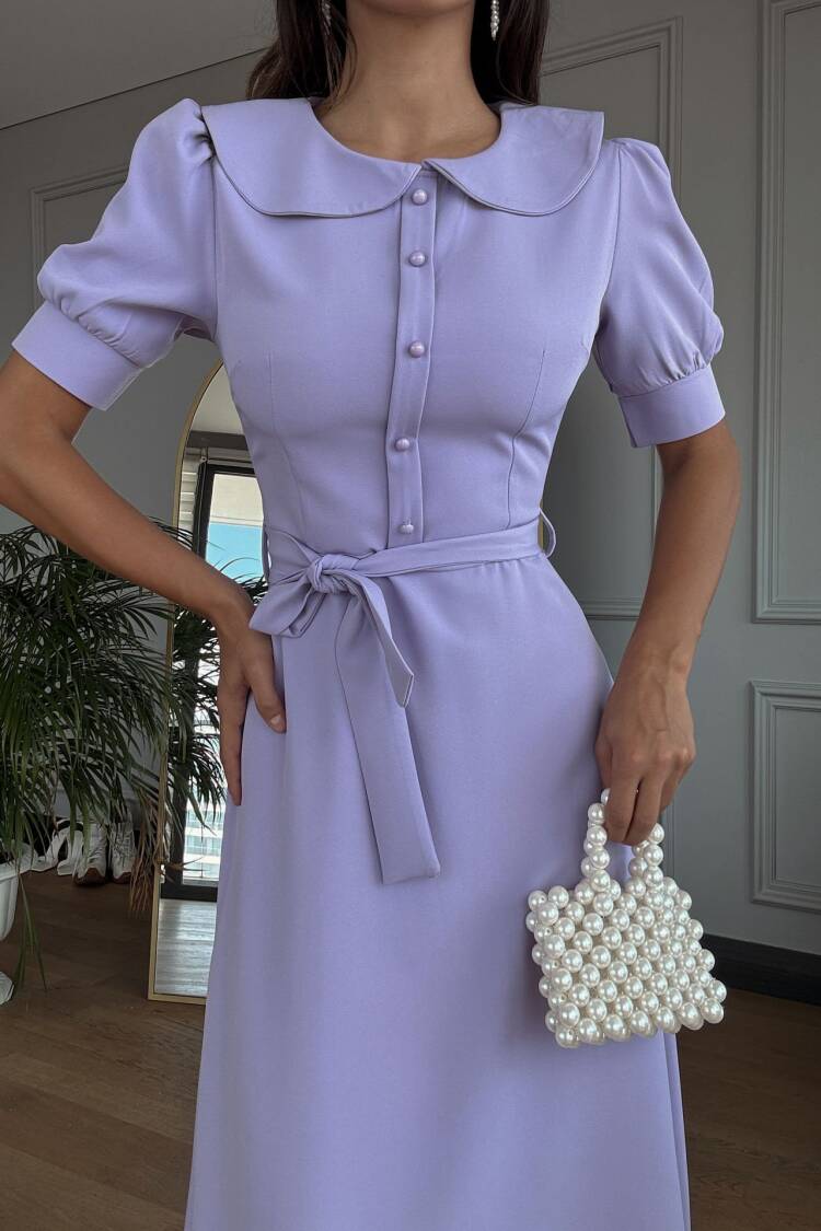 Baby Collar Belted Midi Dress - Brand: Miss Janell - Women's Clothing Wholesale - Globality Store