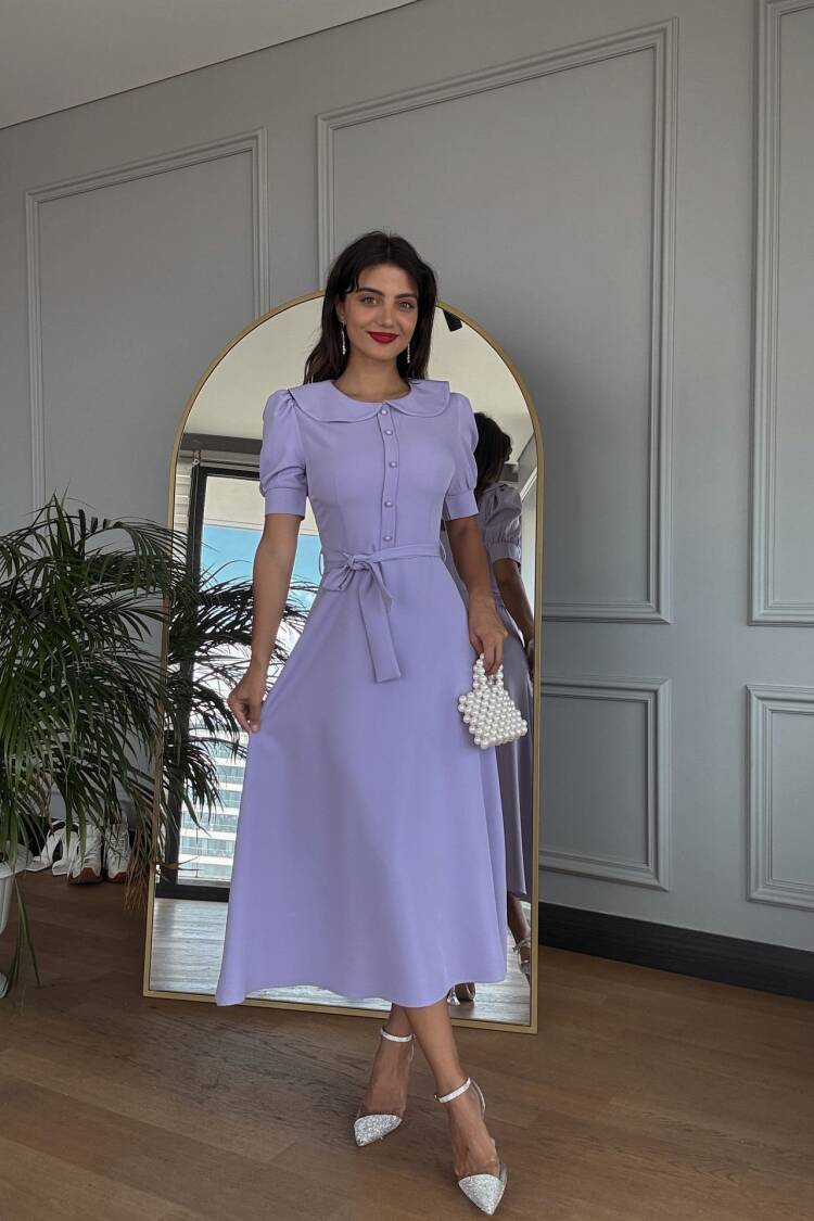Baby Collar Belted Midi Dress