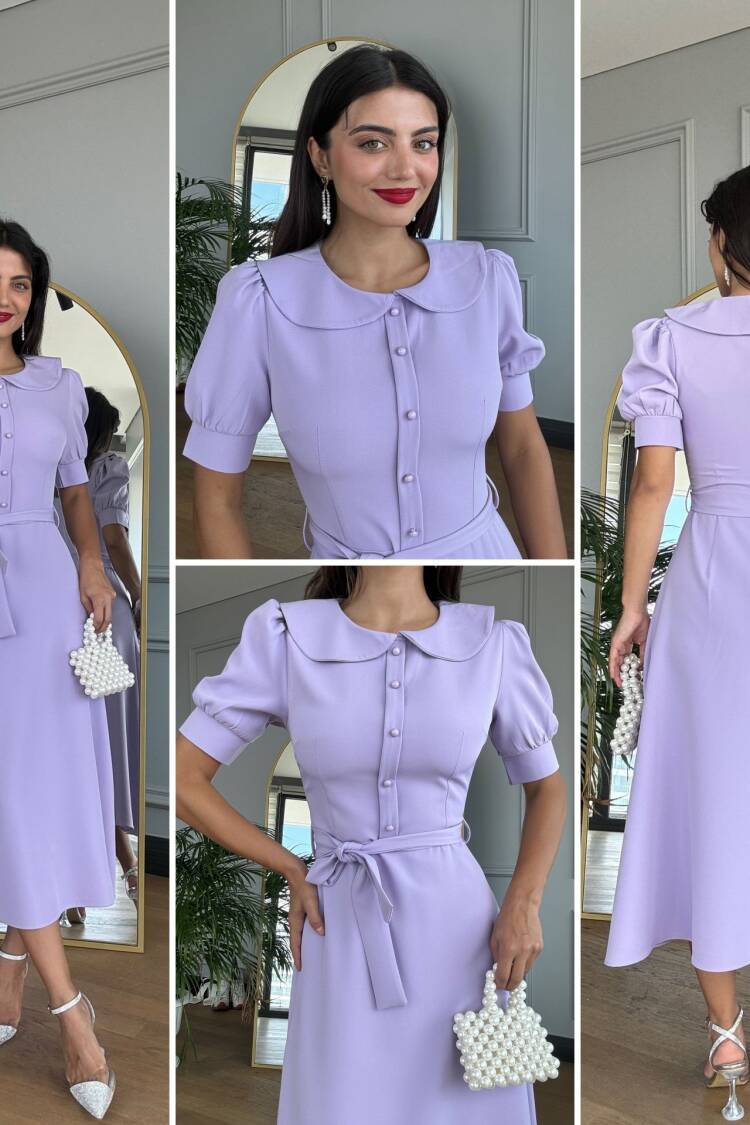 Baby Collar Belted Midi Dress