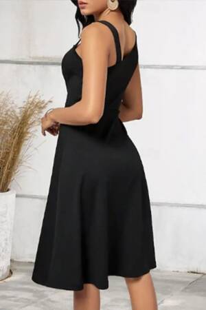Women's One Shoulder Stripe Detailed Sleeveless Side Button Detailed Janjan Crepe Dress