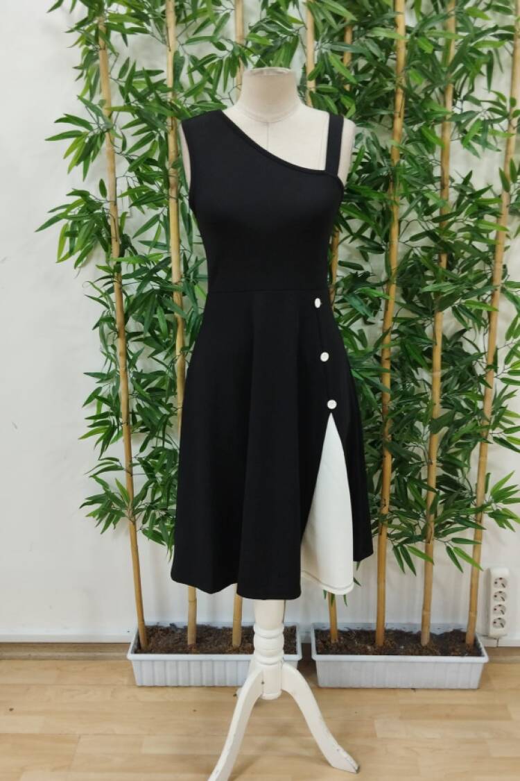Women's One Shoulder Stripe Detailed Sleeveless Side Button Detailed Janjan Crepe Dress
