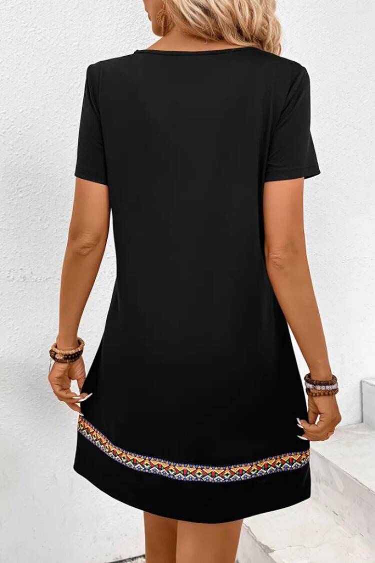 Women's Short Sleeve V Neck Ethnic Pattern Stripe Detailed Viscose Dress
