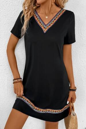 Women's Short Sleeve V Neck Ethnic Pattern Stripe Detailed Viscose Dress