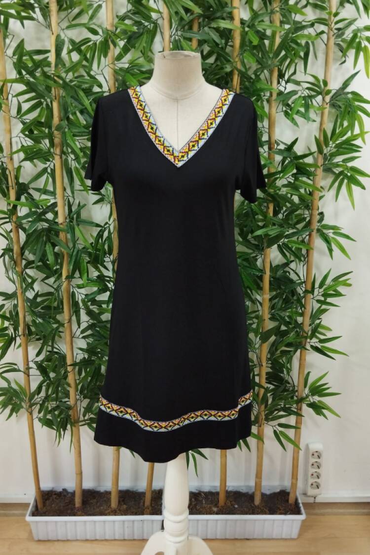 Women's Short Sleeve V Neck Ethnic Pattern Stripe Detailed Viscose Dress