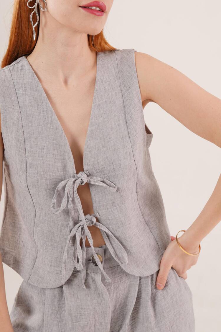 Front Drawstring Detailed Vest And PantsWholesale Two Piece Suit