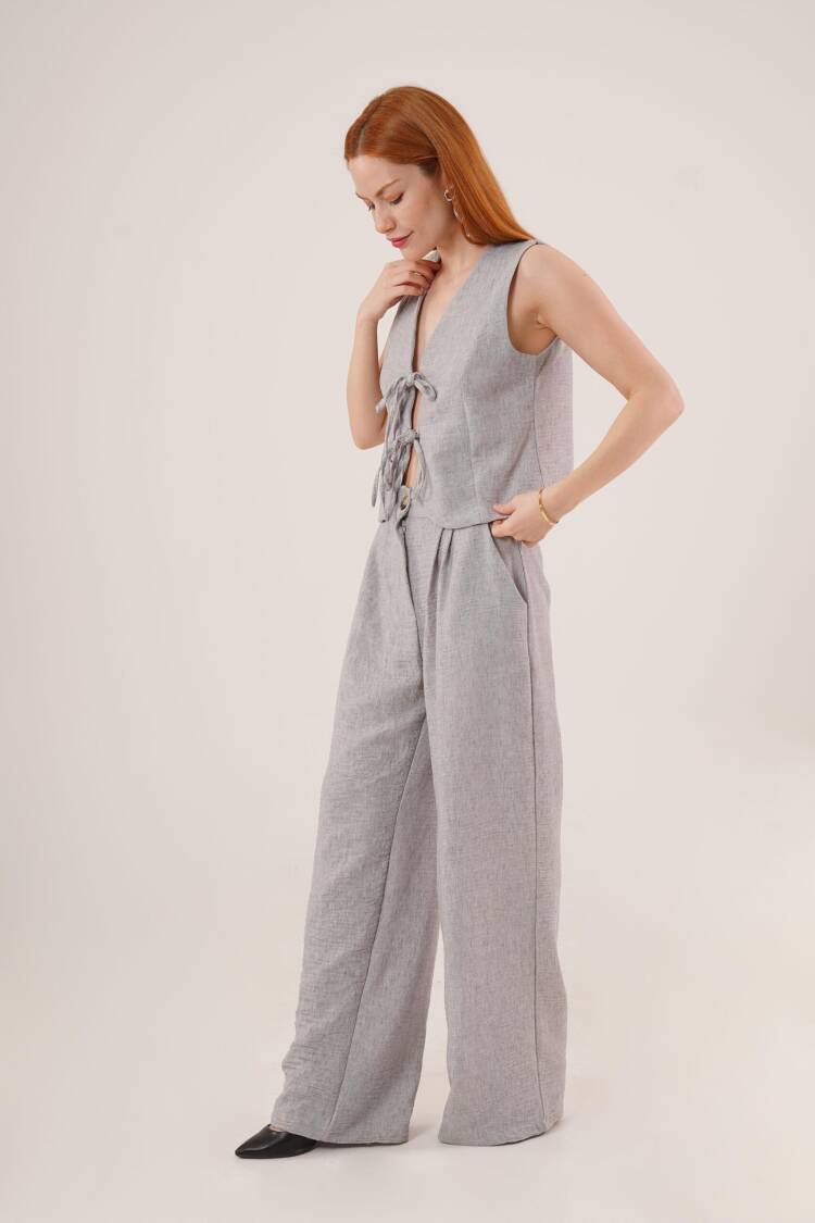 Front Drawstring Detailed Vest And PantsWholesale Two Piece Suit