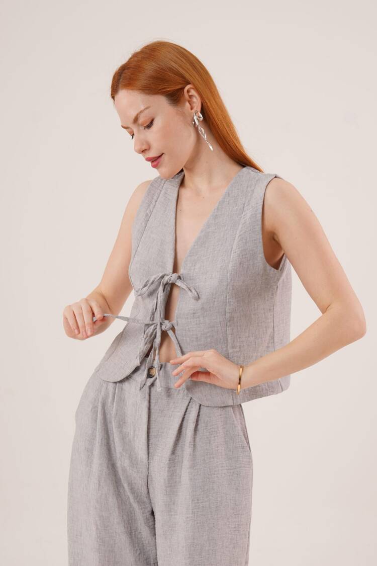 Front Drawstring Detailed Vest And PantsWholesale Two Piece Suit