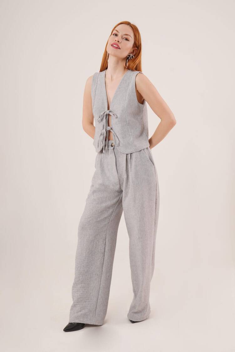 Front Drawstring Detailed Vest And PantsWholesale Two Piece Suit