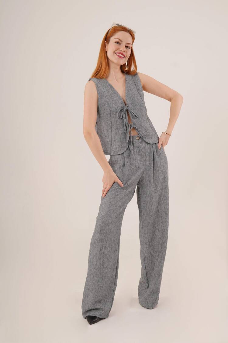 Front Drawstring Detailed Vest And Pants Anthracite Wholesale Two Piece Suit - Brand: Lustrin - Women's Clothing Wholesale - Globality Store