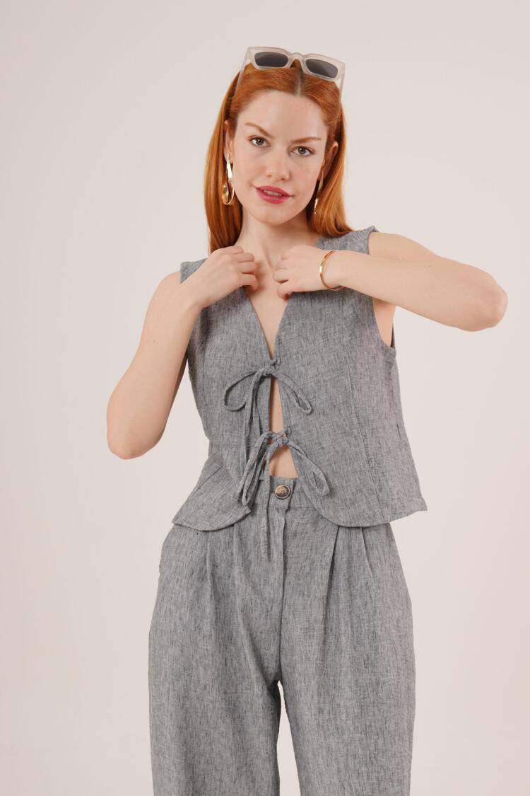Front Drawstring Detailed Vest And Pants Anthracite Wholesale Two Piece Suit