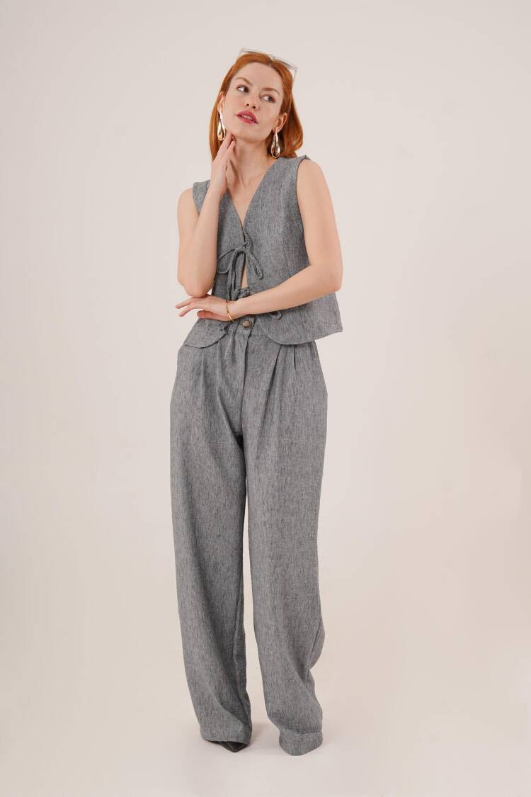 Front Drawstring Detailed Vest And Pants Anthracite Wholesale Two Piece Suit