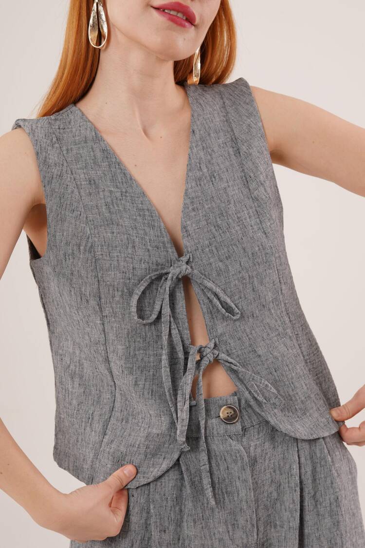 Front Drawstring Detailed Vest And Pants Anthracite Wholesale Two Piece Suit