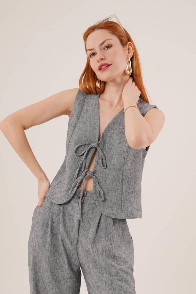 Front Drawstring Detailed Vest And Pants Anthracite Wholesale Two Piece Suit