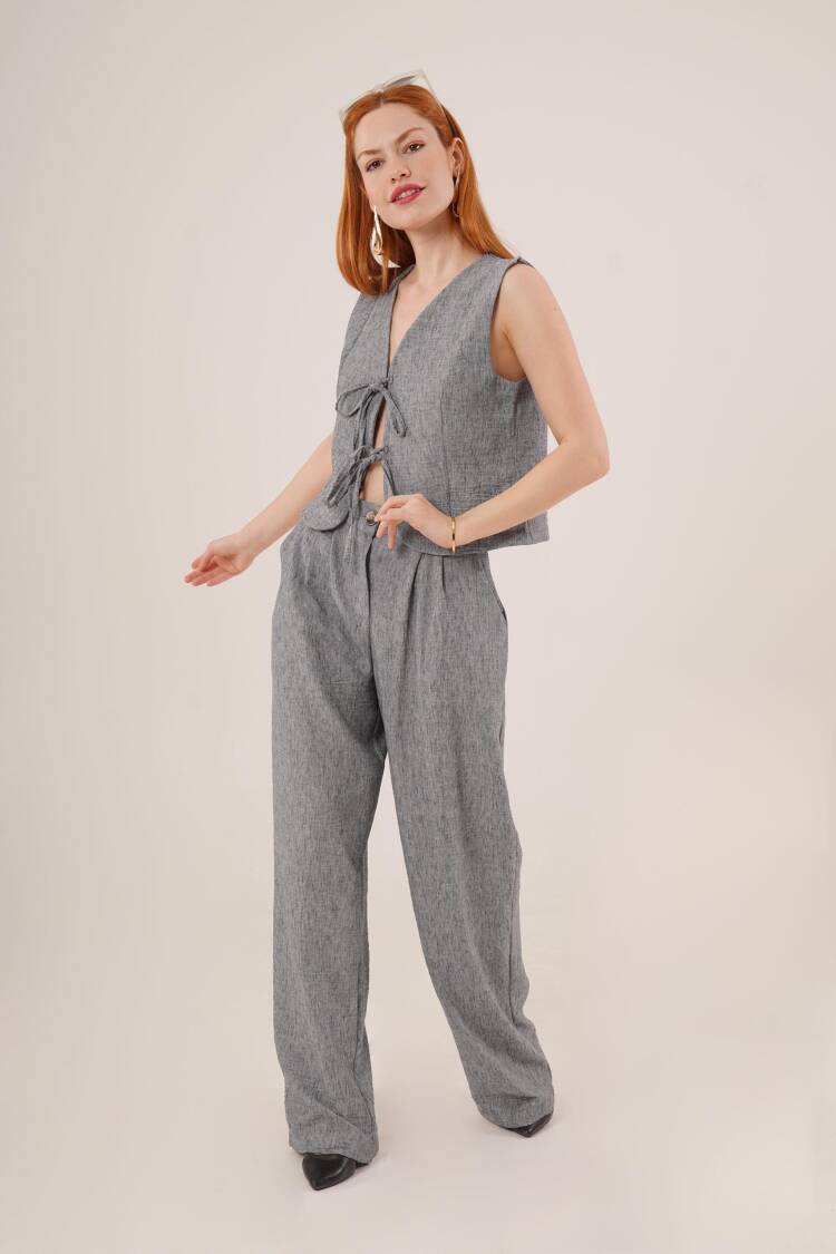 Front Drawstring Detailed Vest And Pants Anthracite Wholesale Two Piece Suit