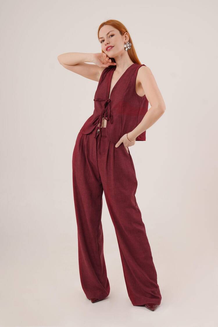 Front Drawstring Detailed Vest And Pants Burgundy Wholesale Two Piece Suit - Brand: Lustrin - Women's Clothing Wholesale - Globality Store
