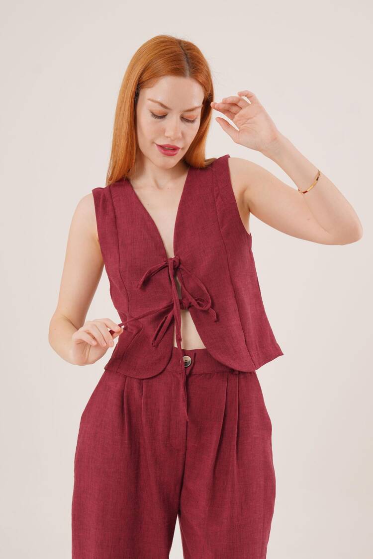 Front Drawstring Detailed Vest And Pants Burgundy Wholesale Two Piece Suit