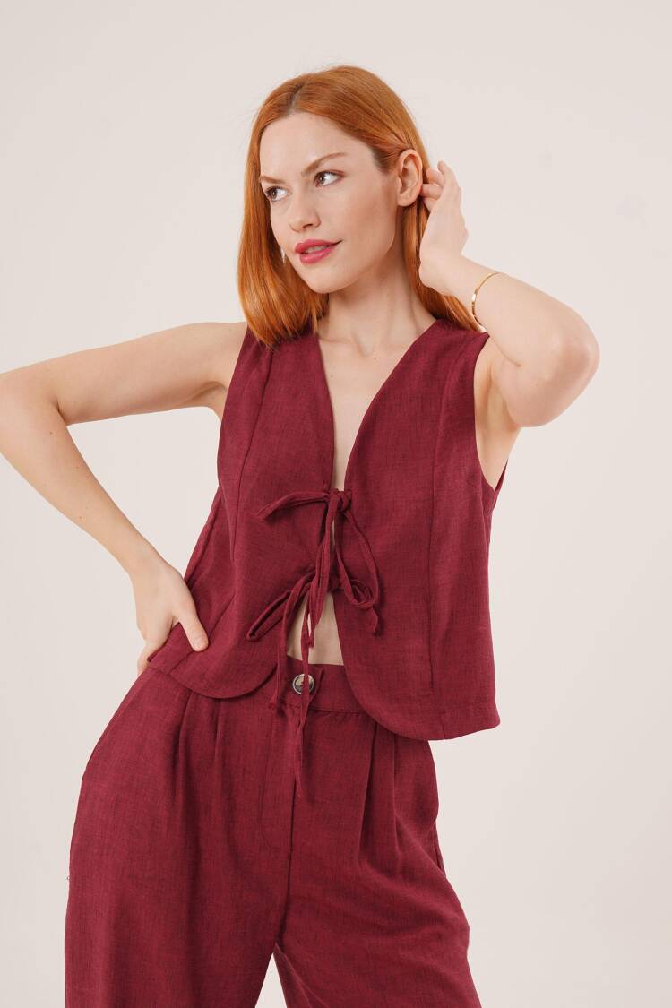 Front Drawstring Detailed Vest And Pants Burgundy Wholesale Two Piece Suit