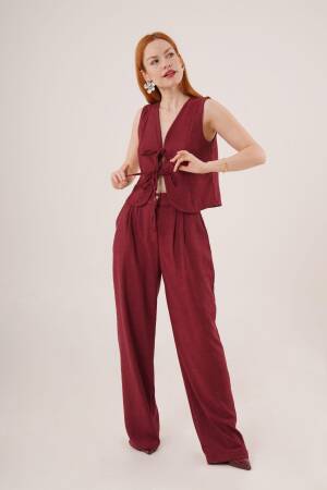 Front Drawstring Detailed Vest And Pants Burgundy Wholesale Two Piece Suit - Brand: Lustrin - Women's Clothing Wholesale - Globality Store