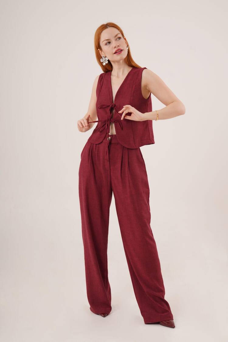 Front Drawstring Detailed Vest And Pants Burgundy Wholesale Two Piece Suit
