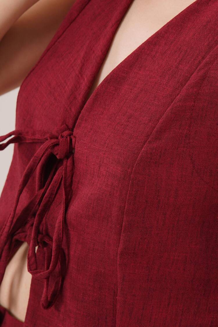 Front Drawstring Detailed Vest And Pants Burgundy Wholesale Two Piece Suit