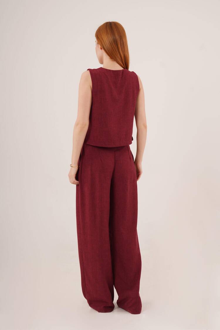 Front Drawstring Detailed Vest And Pants Burgundy Wholesale Two Piece Suit