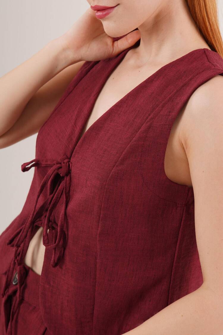 Front Drawstring Detailed Vest And Pants Burgundy Wholesale Two Piece Suit