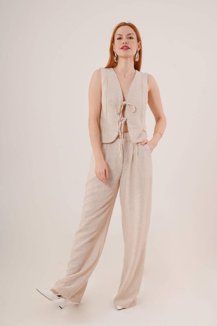 Front Drawstring Detailed Vest And PantsWholesale Two Piece Suit