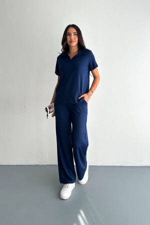 Pocket Shirt Collar Modal Tracksuit Set - Navy - Brand: Mode Roy - Women's Clothing Wholesale - Globality Store