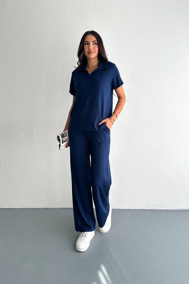 Pocket Shirt Collar Modal Tracksuit Set - Navy