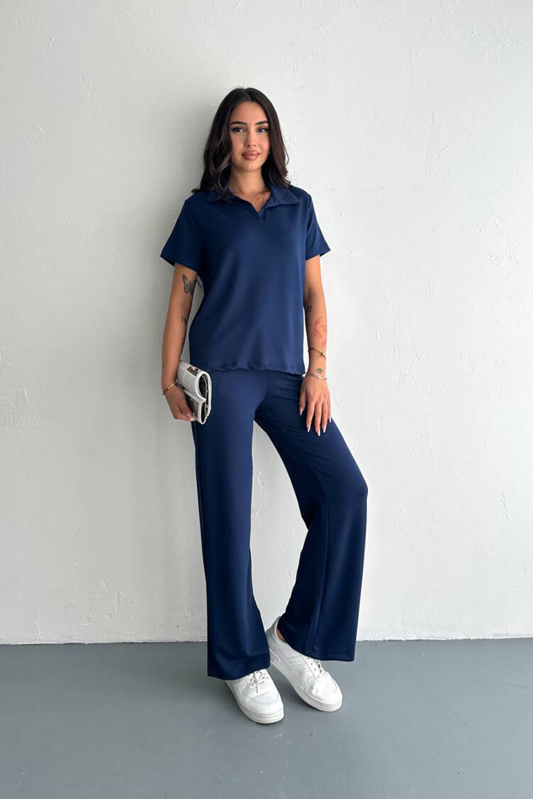 Pocket Shirt Collar Modal Tracksuit Set - Navy - Brand: Mode Roy - Women's Clothing Wholesale - Globality Store
