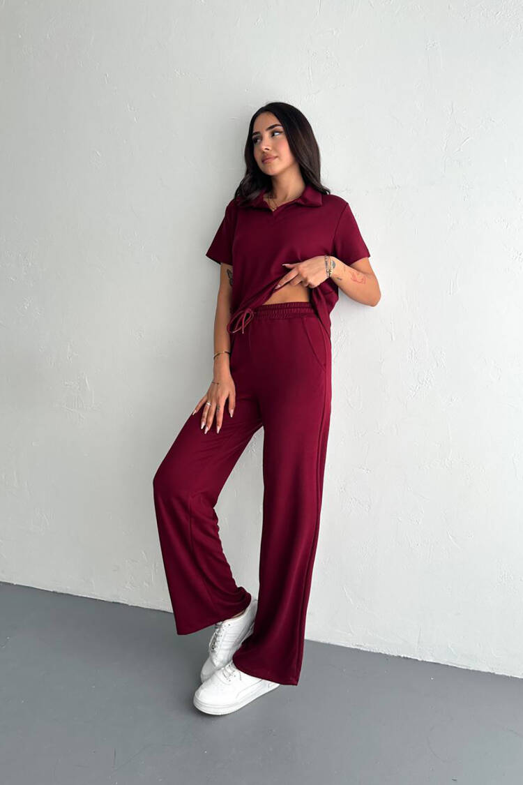 Pocket Shirt Collar Modal Tracksuit Set - Burgundy
