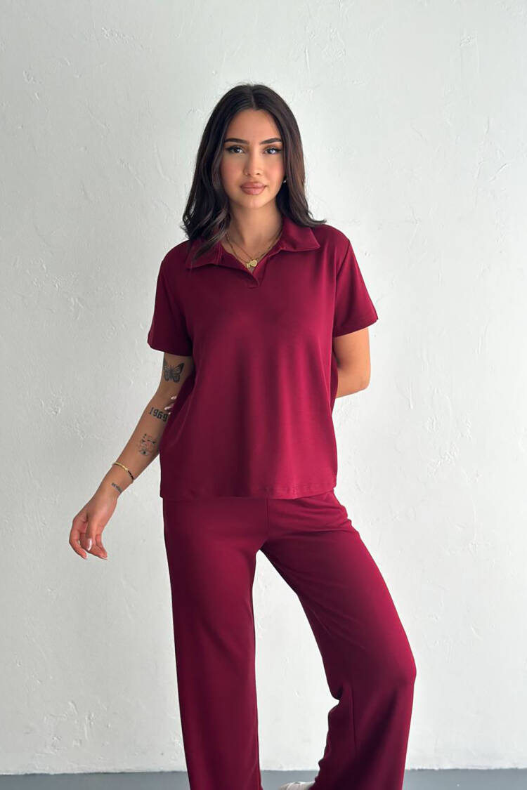 Pocket Shirt Collar Modal Tracksuit Set - Burgundy - Brand: Mode Roy - Women's Clothing Wholesale - Globality Store