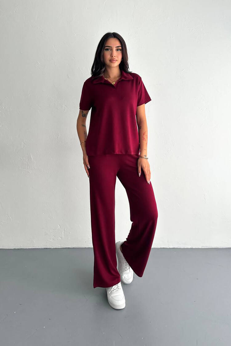 Pocket Shirt Collar Modal Tracksuit Set - Burgundy