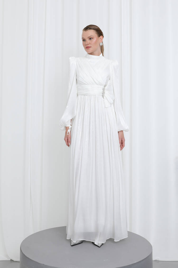 Women's Pleated Long Sleeve Evening Dress