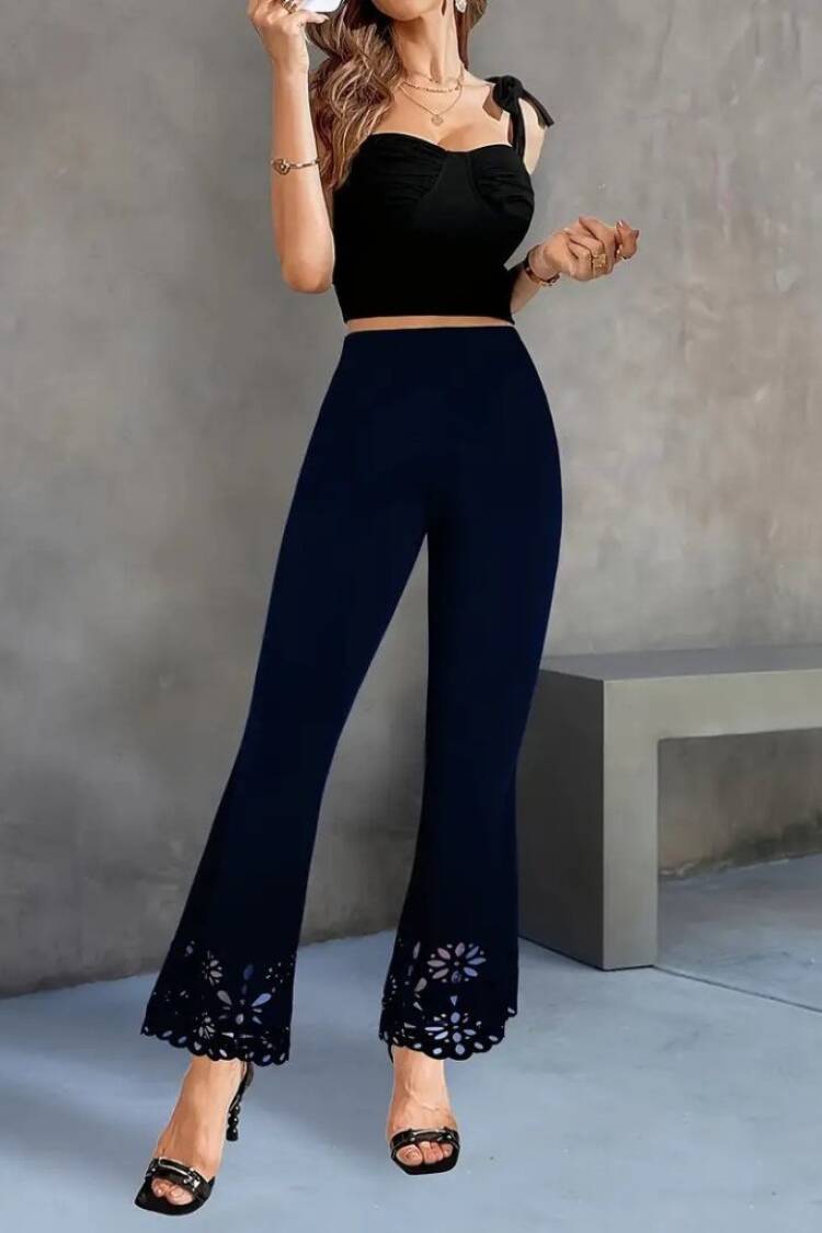 Women's High Waist Waistline Expanding Laser Floral Cut Detailed Imported Crepe Pants - Navy