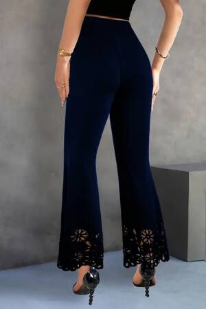Women's High Waist Waistline Expanding Laser Floral Cut Detailed Imported Crepe Pants - Navy - Brand: Janes - Women's Clothing Wholesale - Globality Store
