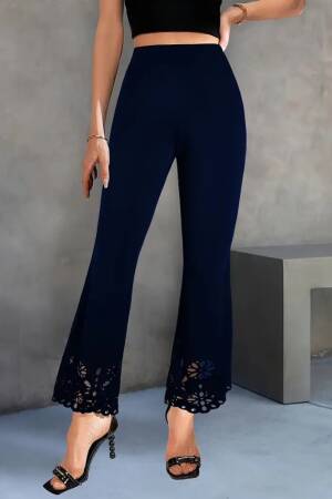 Women's High Waist Waistline Expanding Laser Floral Cut Detailed Imported Crepe Pants - Navy - Brand: Janes - Women's Clothing Wholesale - Globality Store