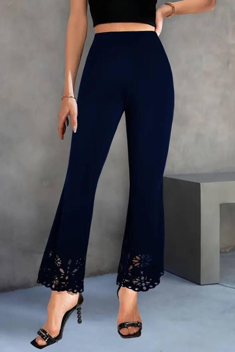 Women's High Waist Waistline Expanding Laser Floral Cut Detailed Imported Crepe Pants - Navy