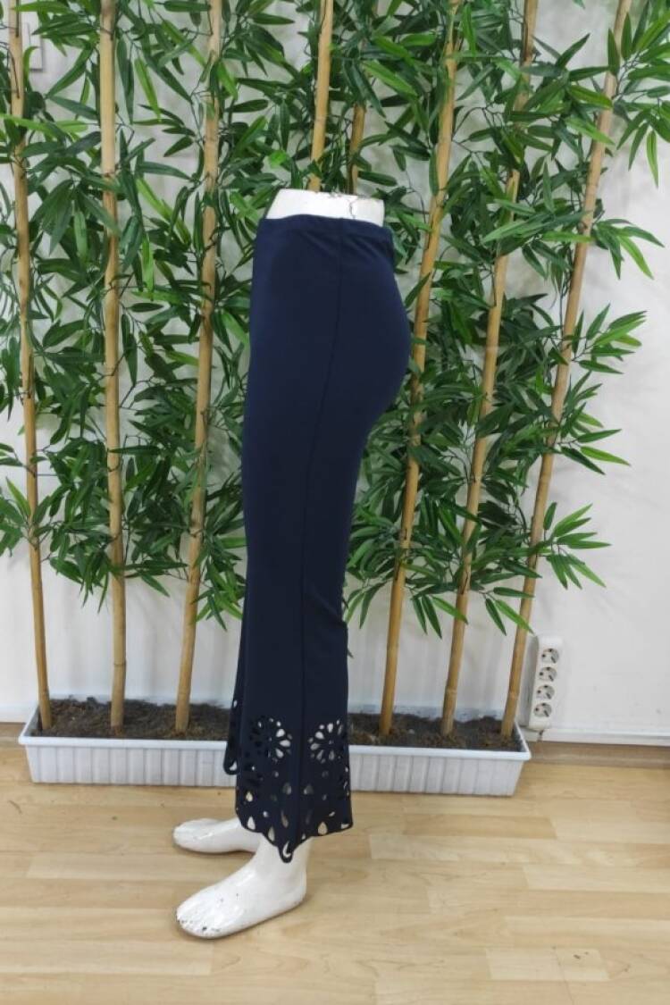 Women's High Waist Waistline Expanding Laser Floral Cut Detailed Imported Crepe Pants - Navy