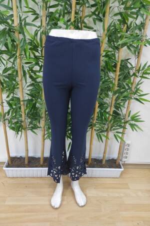 Women's High Waist Waistline Expanding Laser Floral Cut Detailed Imported Crepe Pants - Navy - Brand: Janes - Women's Clothing Wholesale - Globality Store
