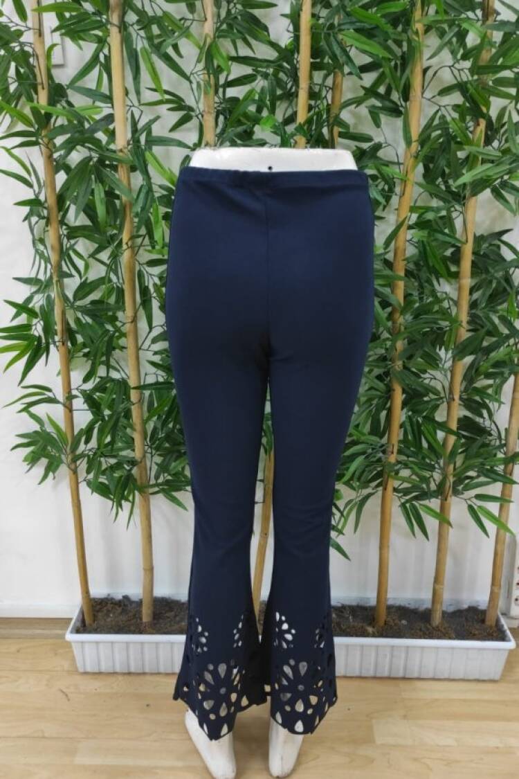 Women's High Waist Waistline Expanding Laser Floral Cut Detailed Imported Crepe Pants - Navy
