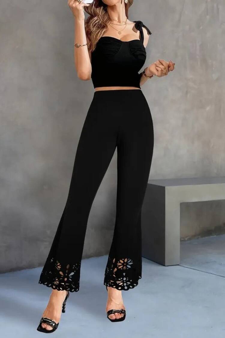 Women's High Waist Waistline Expanding Laser Floral Cut Detailed Imported Crepe Pants